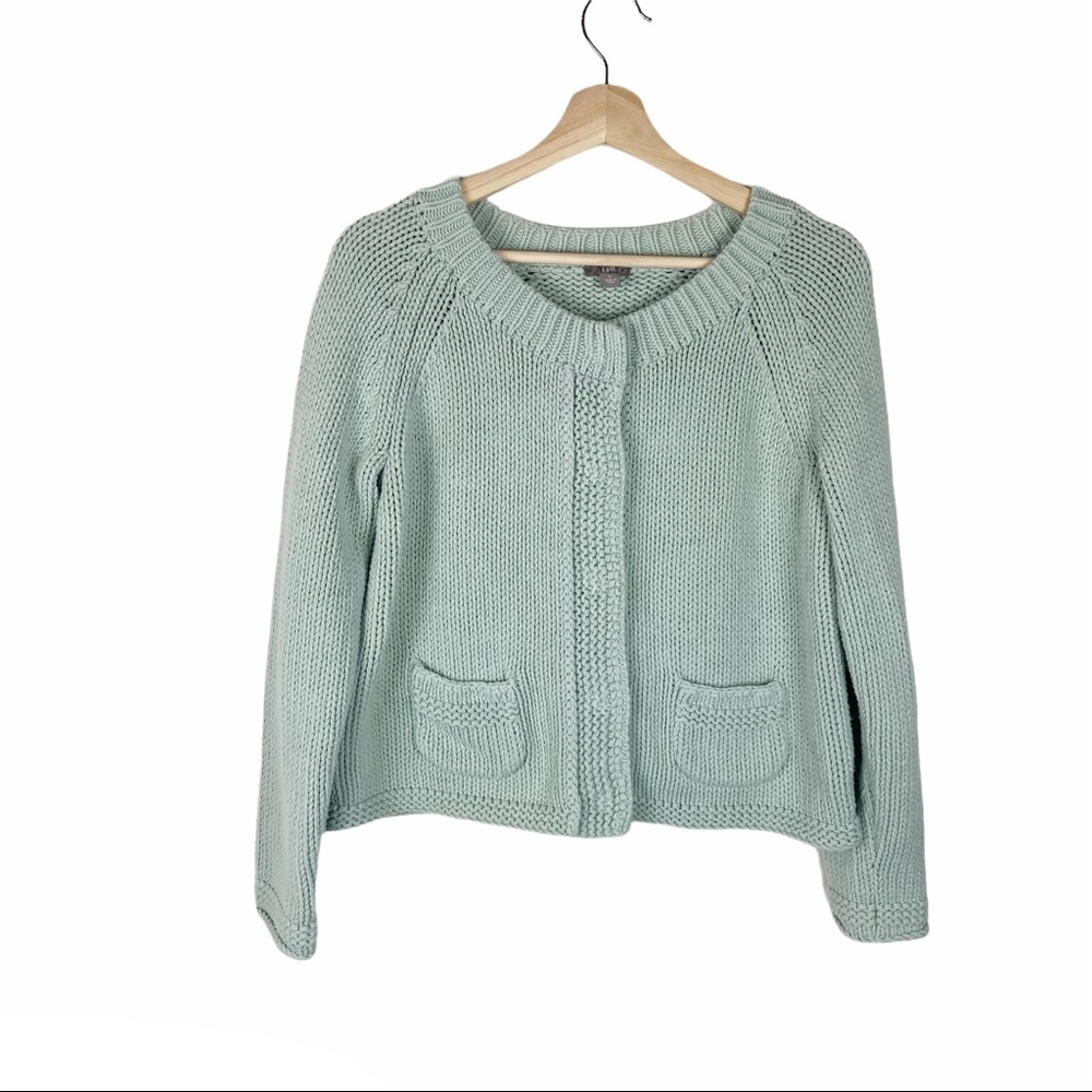 J. Jill Pale Green Sweater Chunky Knit Snap Button Cardigan